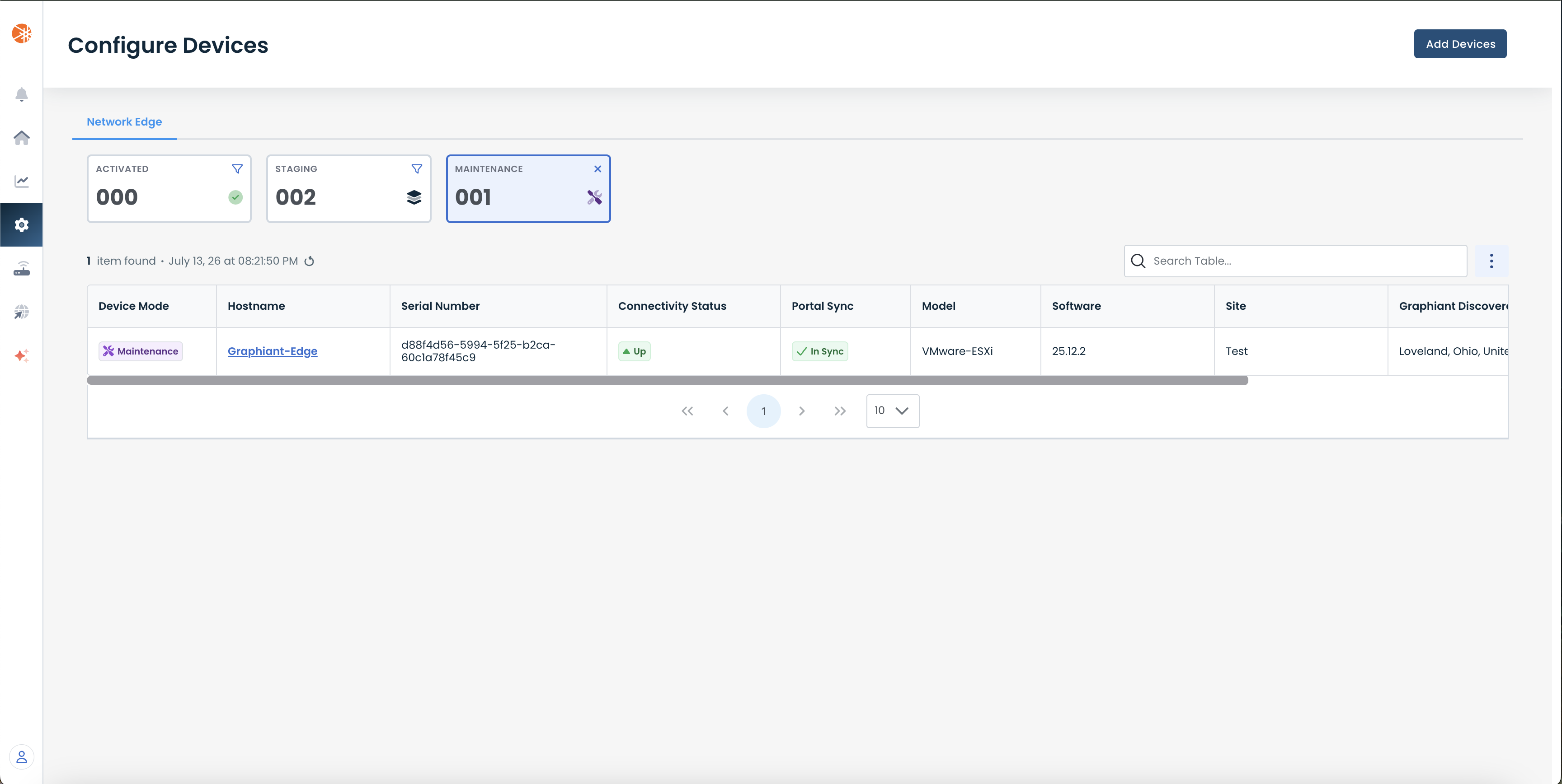 Device configuration interface showing maintenance status and connectivity details for Graphiant-Edge.